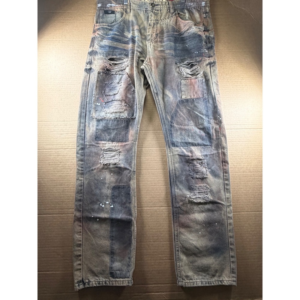 Switch Premium Denim Jeans Mens 38x30 Gray Distressed Paint Splat Moto Patchwork